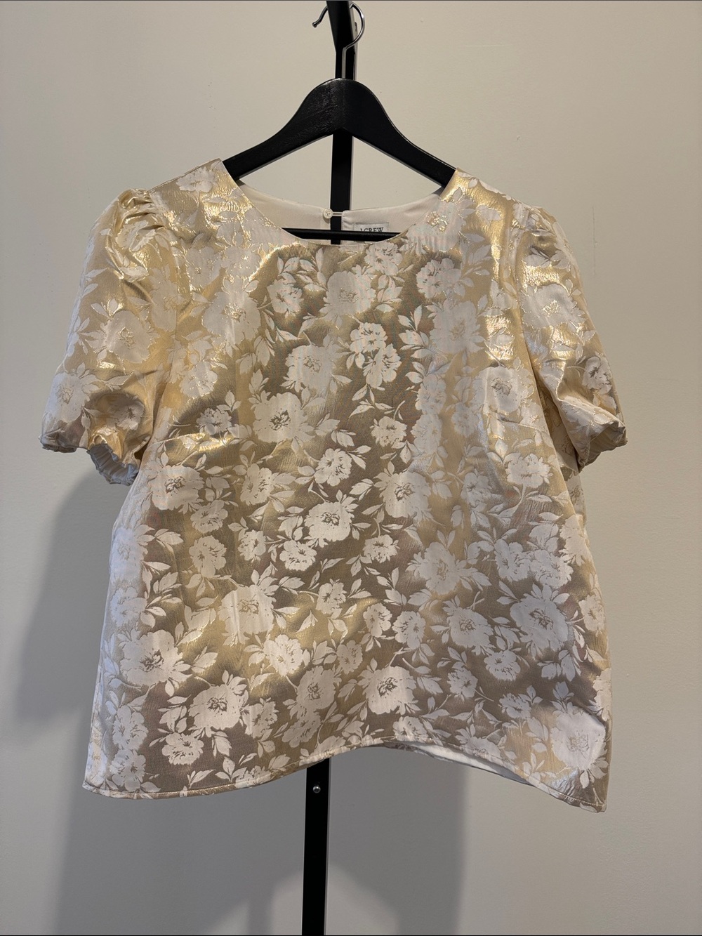 J. Crew Gold and White Floral Jacquard Puff Sleeve Blouse